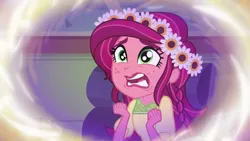 Size: 1280x720 | Tagged: safe, derpibooru import, screencap, gloriosa daisy, equestria girls, legend of everfree, chair, female, frown, glorio-sad daisy, open mouth, sad, scared, sitting, solo, wide eyes