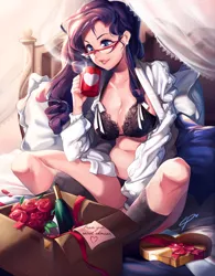 Size: 1000x1285 | Tagged: absolute cleavage, artist:loyproject, bed, belly button, black underwear, box, box of chocolates, breasts, busty rarity, cleavage, clothes, derpibooru import, female, flower, frilly underwear, glasses, heart, human, humanized, mug, open clothes, open shirt, pillow, rarity, rarity's glasses, rose, secret admirer, sitting, socks, solo, solo female, suggestive, underwear, wine bottle