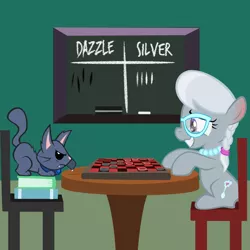 Size: 800x800 | Tagged: safe, artist:magerblutooth, derpibooru import, silver spoon, oc, oc:dazzle, cat, pony, comic:diamond and dazzle, book, chair, checkers, match, vector