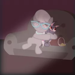 Size: 800x800 | Tagged: safe, artist:magerblutooth, derpibooru import, silver spoon, oc, oc:dazzle, cat, pony, comic:diamond and dazzle, couch, food, movie, popcorn, scared, scary movie, vector