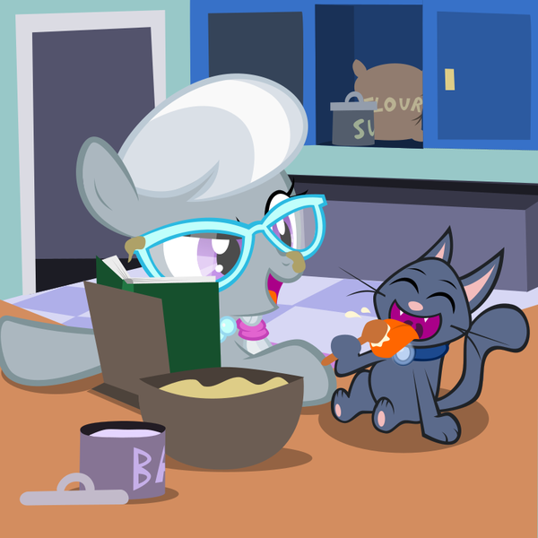 Size: 800x800 | Tagged: safe, artist:magerblutooth, derpibooru import, silver spoon, oc, oc:dazzle, cat, earth pony, pony, comic:diamond and dazzle, baking, book, bowl, cookbook, cooking, duo, eyes closed, flour, food, kitchen, licking, mixing bowl, open mouth, smiling, spoon, sugar (food), this will end in weight gain, tongue out