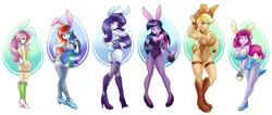 Size: 4520x1920 | Tagged: suggestive, artist:ambris, derpibooru import, applejack, fluttershy, pinkie pie, rainbow dash, rarity, twilight sparkle, art pack:an equestrian easter, equestria girls, absurd resolution, an equestrian easter, armpits, art pack, ass, big breasts, boots, breasts, bunny ears, bunny girl, bunny suit, busty applejack, busty pinkie pie, busty rainbow dash, busty rarity, busty six, busty twilight sparkle, cleavage, clothes, delicious flat chest, easter egg, female, females only, flattershy, flutterbutt, garter, high heel boots, high heels, humane five, humane six, leotard, pantyhose, rearity, simple background, stockings, thigh highs, thong leotard, white background
