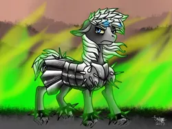 Size: 1600x1200 | Tagged: semi-grimdark, artist:brainiac, derpibooru import, oc, oc:steam hooves, unofficial characters only, pony, fallout equestria, armor, balefire, bust, commission, dead grass, male, portrait, solo, spikes, stallion, unshorn fetlocks