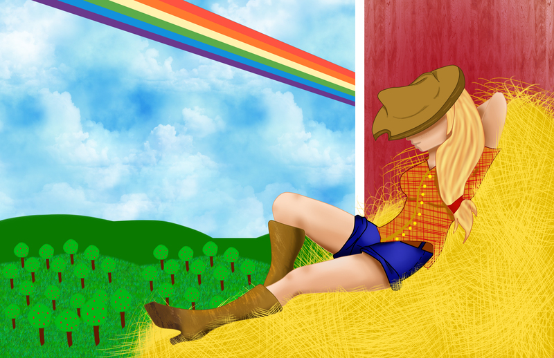 Size: 2550x1650 | Tagged: safe, artist:viracon, derpibooru import, applejack, human, apple, apple tree, barn, boots, clothes, cowboy boots, cowboy hat, female, food, fruit, hat, hay, humanized, implied rainbow dash, rainbow, relaxing, shoes, shorts, solo, stetson, tree