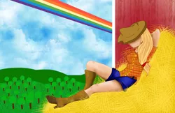 Size: 2550x1650 | Tagged: safe, artist:viracon, derpibooru import, applejack, human, apple, apple tree, barn, boots, clothes, cowboy boots, cowboy hat, female, food, fruit, hat, hay, humanized, implied rainbow dash, rainbow, relaxing, shoes, shorts, solo, stetson, tree