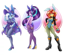 Size: 2236x1920 | Tagged: suggestive, artist:ambris, derpibooru import, starlight glimmer, sunset shimmer, trixie, art pack:an equestrian easter, equestria girls, an equestrian easter, armpits, art pack, boots, breasts, bunny ears, bunny girl, bunny suit, busty starlight glimmer, busty sunset shimmer, busty trixie, cleavage, clothes, easter egg, female, females only, garter, glimmer glutes, high heel boots, high heels, leotard, magician outfit, simple background, startrixset, thong leotard, wedgie, white background