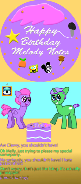 Size: 998x2249 | Tagged: safe, artist:employeeamillion, derpibooru import, oc, oc:clever clop, oc:melody notes, unofficial characters only, pegasus, pony, unicorn, birthday, food, ice cream, mickey mouse, microphone, pineapple, spongebob squarepants, text