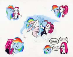 Size: 1280x992 | Tagged: safe, artist:manly man, derpibooru import, rainbow dash, pony, crack shipping, crossover, female, interspecies, jem and the holograms, kimber benton, kimberdash, kissing, lesbian, not pinkamena, shipping, signature, simple background, white background