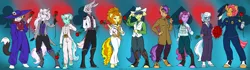 Size: 3000x840 | Tagged: safe, artist:kaemantis, deleted from derpibooru, derpibooru import, adagio dazzle, babs seed, berry punch, berryshine, fiddlesticks, fleur-de-lis, lyra heartstrings, plaid stripes, silver spoon, zesty gourmand, oc, anthro, earth pony, mule, unguligrade anthro, unicorn, apple family member, boots, breasts, clothes, female, flower, looking at you, mare, muleicorn, older, older babs seed, older plaid stripes, older silver spoon, rose, shoes, smiling, suit, sword, uniform, weapon