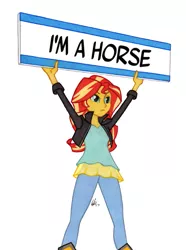 Size: 761x1024 | Tagged: safe, artist:manly man, derpibooru import, edit, sunset shimmer, equestria girls, clothes, exploitable meme, female, homesick shimmer, jacket, leather jacket, meme, pants, protest, sign, signature, simple background, solo, sunset's board, truth, white background