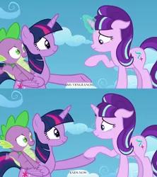 Size: 1280x1440 | Tagged: safe, derpibooru import, edit, edited screencap, screencap, spike, starlight glimmer, twilight sparkle, twilight sparkle (alicorn), alicorn, dragon, pony, the cutie re-mark, crying, god of war, god of war iii, smiling