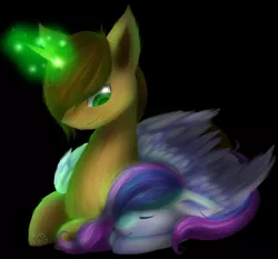 Size: 1094x1018 | Tagged: safe, artist:stardustlily03, derpibooru import, oc, oc:game play, oc:specialty, unofficial characters only, pegasus, pony, unicorn, female, magic, male, mare, prone, sleeping, stallion