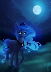 Size: 1000x1400 | Tagged: safe, artist:silentwulv, derpibooru import, princess luna, alicorn, pony, ethereal mane, female, forest, full moon, grass, mare, moon, moonlight, night, night sky, sky, solo, starry mane, starry night, stars, walking