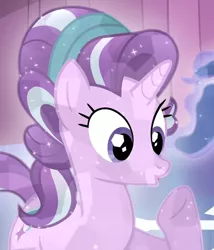 Size: 840x980 | Tagged: safe, derpibooru import, screencap, starlight glimmer, crystal pony, pony, the crystalling, alternate hairstyle, cropped, crystallized, duckface, headband, raised hoof, solo focus