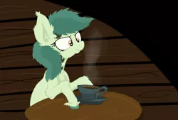 Size: 2398x1621 | Tagged: safe, artist:paskanaakka, derpibooru import, oc, oc:bittergreen, unofficial characters only, earth pony, pony, chest fluff, colored hooves, cup, ear fluff, female, food, mare, solo, steam, table, tea, teacup, unshorn fetlocks