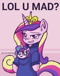 Size: 720x909 | Tagged: safe, artist:plunger, derpibooru import, princess cadance, princess flurry heart, ponified, alicorn, pony, 4chan, clothes, crown, drawthread, foal, jewelry, lol, looking at you, meme, regalia, smiling, sweater, u mad