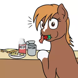 Size: 1000x1000 | Tagged: safe, artist:mkogwheel, derpibooru import, ponified, ponified:sgt. reckless, earth pony, pony, 4chan, alcohol, bacon, beer, drawthread, food, meat, poker chips, ponies eating meat, solo, warpone