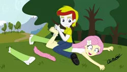 Size: 1024x576 | Tagged: safe, artist:cesar3o0, derpibooru import, fluttershy, oc, oc:lucky charm, equestria girls, boots, canon x oc, clothes, crying, facial hair, feet, female, fetish, flucky, foot fetish, goatee, male, on back, open mouth, shoes, socks, straight, tickle fetish, tickle torture, tickling