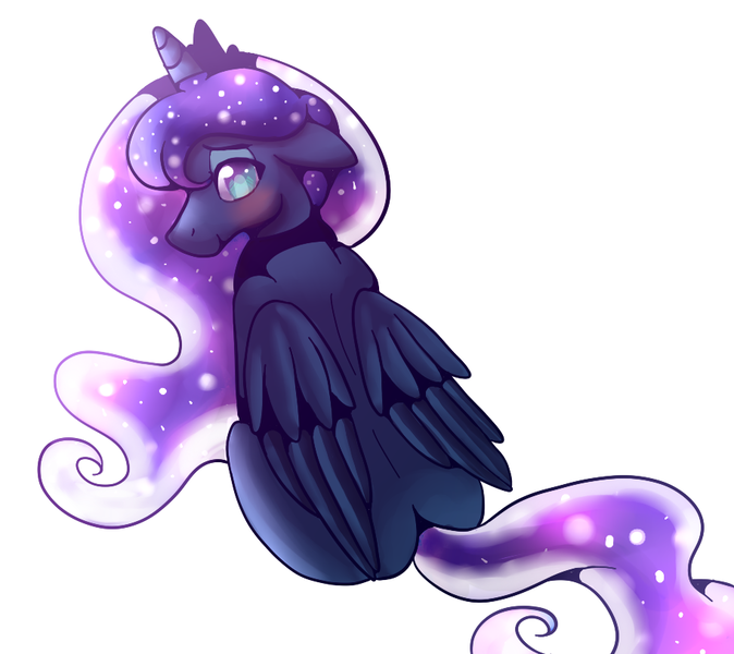 Size: 912x812 | Tagged: safe, artist:tuxisthename, derpibooru import, princess luna, alicorn, pony, blushing, female, mare, missing cutie mark, simple background, sitting, smiling, solo, white background