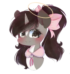 Size: 1343x1429 | Tagged: safe, artist:windymils, derpibooru import, oc, oc:felix, unofficial characters only, pony, unicorn, art trade, blushing, bow, bust, female, hair bow, halo, looking at you, mare, portrait, simple background, smiling, solo, transparent background