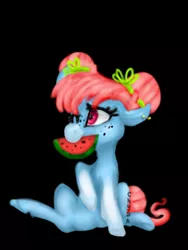 Size: 768x1024 | Tagged: safe, artist:c-h-y-a, derpibooru import, earth pony, pony, black background, cute, eating, female, food, mare, mouth hold, simple background, sitting, solo, watermelon