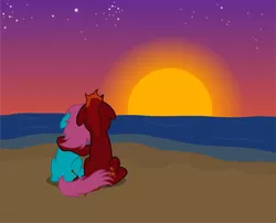 Size: 2419x1951 | Tagged: safe, artist:firefall-mlp, derpibooru import, oc, oc:firefall, oc:glitzy glam, unofficial characters only, pony, unicorn, back, beach, female, floppy ears, male, mare, oc x oc, ocean, shipping, sitting, stallion, stars, straight, sunset, water