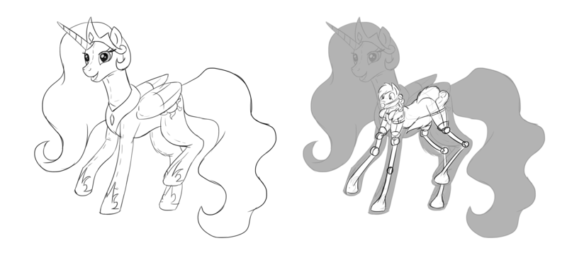Size: 4840x2160 | Tagged: questionable, artist:naughtycatnick, derpibooru import, princess celestia, oc, oc:windswept skies, alicorn, anthro, pony, unguligrade anthro, 30 minute art challenge, absurd resolution, anthro with ponies, ballgag, bdsm, bitchsuit, bitchsuit fursuit, bondage, braid, clothes, costume, covering, gag, grayscale, image, looking at you, male, malesub, monochrome, open mouth, png, ponysuit, posture collar, request, simple background, sketch, stallion, stilted bitchsuit, stilts, strategically covered, submissive, suit, tail censor, tail covering, white background, wingless, wingless anthro