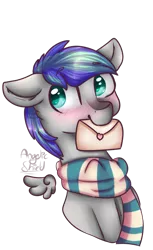 Size: 446x728 | Tagged: safe, artist:angelic-shield, derpibooru import, oc, oc:storm feather, unofficial characters only, pony, blushing, clothes, cute, letter, love letter, scarf, simple background, solo, transparent background