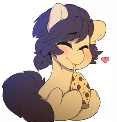 Size: 1280x1334 | Tagged: safe, artist:kribbles, derpibooru import, oc, oc:kribbles, unofficial characters only, earth pony, pony, blushing, eyes closed, food, happy, heart, nom, pizza, solo