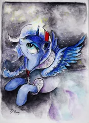 Size: 1024x1410 | Tagged: safe, artist:moonlight-ki, derpibooru import, princess luna, alicorn, pony, braid, clothes, dress, flying, glowing horn, looking up, magic, smiling, solo, spread wings, traditional art, wings