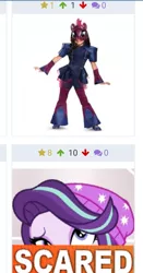 Size: 1169x2239 | Tagged: safe, derpibooru import, starlight glimmer, tempest shadow, human, derpibooru, equestria girls, my little pony: the movie, caption, clothes, costume, expand dong, exploitable meme, image macro, irl, irl human, juxtaposition, meme, meta, photo, scared, why.jpg