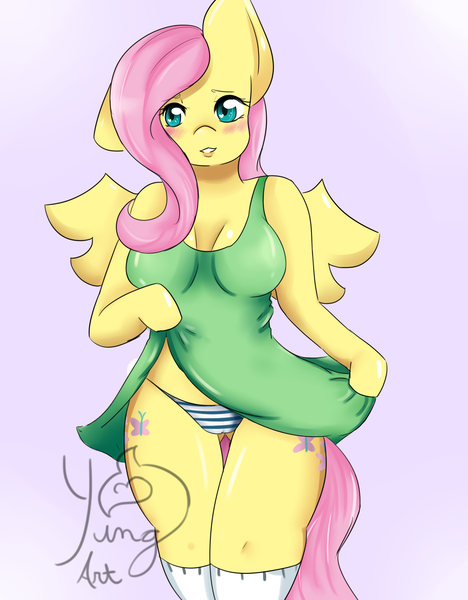 Size: 1560x2000 | Tagged: anthro, arm hooves, artist:yingyart, blushing, both cutie marks, breasts, busty fluttershy, cameltoe, clothes, derpibooru import, dress, female, fluttershy, panties, questionable, simple background, skirt, skirt lift, socks, solo, solo female, striped underwear, thighs, underwear