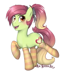 Size: 2146x2503 | Tagged: safe, artist:askbubblelee, derpibooru import, oc, oc:artline, unofficial characters only, earth pony, pony, unicorn, art trade, blushing, bow, clothes, cute, female, hair bow, heart, looking at you, mare, open mouth, ponytail, raised hoof, raised leg, simple background, smiling, socks, stockings, striped socks, thigh highs, transparent background, wingding eyes