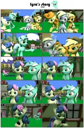 Size: 3928x5960 | Tagged: safe, artist:goatcanon, derpibooru import, applejack, berry punch, berryshine, bon bon, carrot top, derpy hooves, golden harvest, lyra heartstrings, octavia melody, rainbow dash, sweetie drops, pony, comic:lyra's story, 3d, absurd resolution, comic, ponyville, source filmmaker, special agent, walkie talkie