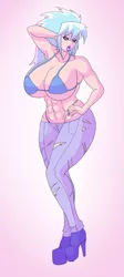 Size: 495x1104 | Tagged: abs, armpits, artist:annon, bikini, bimbo, blue swimsuit, breasts, busty cloudchaser, clothes, cloudchaser, derpibooru import, female, high heels, human, humanized, jeans, pants, ripped pants, solo, solo female, suggestive, swimsuit