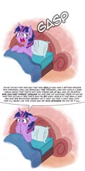 Size: 800x1600 | Tagged: artist:couchcrusader, bed, bed mane, blushing, comic, derpibooru import, dialogue, fangs, gasp, implied lesbian, implied twiluna, monster pony, original species, safe, simple background, solo, species swap, spiderpony, twilight sparkle, twispider