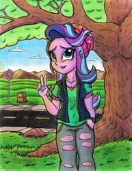 Size: 5100x6617 | Tagged: safe, artist:artponymdp, derpibooru import, starlight glimmer, equestria girls, mirror magic, spoiler:eqg specials, absurd resolution, beanie, clothes, hat, peace sign, sign, solo, stop sign, street, torn clothes, traditional art, tree