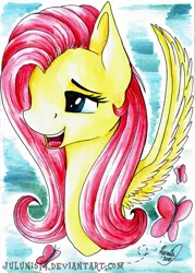 Size: 1280x1789 | Tagged: safe, artist:julunis14, derpibooru import, fluttershy, butterfly, pegasus, pony, bust, cute, female, mare, open mouth, portrait, smiling, solo, spread wings, traditional art, wings