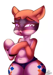 Size: 1240x1748 | Tagged: safe, artist:slynecallisto, derpibooru import, oc, oc:kiva, unofficial characters only, original species, pony, robot, robot pony, blushing, clothes, daisy dukes, female, open mouth, shorts, simple background, solo, white background