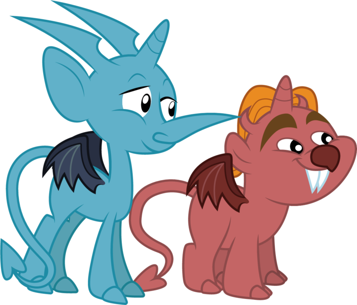 Size: 1173x1001 | Tagged: safe, artist:cloudyglow, derpibooru import, snails, snips, demon pony, pony, unicorn, clothes, clothes swap, cosplay, costume, crossover, disney, duo, hercules, pain, panic, simple background, smiling, transparent background