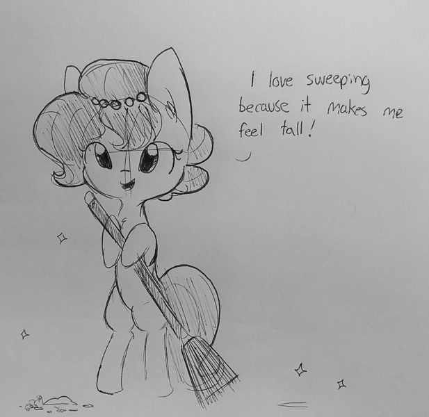 Size: 1280x1244 | Tagged: safe, artist:tjpones, derpibooru import, oc, oc:brownie bun, unofficial characters only, earth pony, pony, horse wife, bipedal, broom, chest fluff, cute, dialogue, dirt, ear fluff, grayscale, hoof hold, monochrome, ocbetes, solo, sparkles, sweeping, traditional art