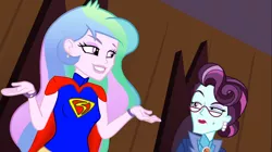 Size: 1100x618 | Tagged: safe, derpibooru import, edit, edited screencap, screencap, princess celestia, principal abacus cinch, equestria girls, clothes, cosplay, costume, crossover, dc comics, image, jpeg, principal celestia, supelestia, supergirl, superman