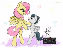 Size: 1050x800 | Tagged: safe, artist:sarikashy, derpibooru import, angel bunny, fluttershy, rumble, pony, bipedal, boombox, cute, dancing, eye contact, female, flutterrumble, looking at each other, male, rumbleshy, shipping, shyabetes, spread wings, straight, straight shota, wings