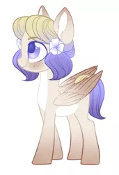 Size: 873x1274 | Tagged: safe, artist:helemaranth, derpibooru import, oc, unofficial characters only, pegasus, pony, blushing, ear fluff, female, flower, flower in hair, freckles, mare, pale belly, rcf community, simple background, solo, white background