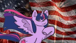 Size: 1024x587 | Tagged: safe, artist:nokno, derpibooru import, twilight sparkle, twilight sparkle (alicorn), alicorn, pony, 4th of july, american flag, female, fireworks, flag, holiday, mare, murica, solo, song reference, star spangled banner, united states