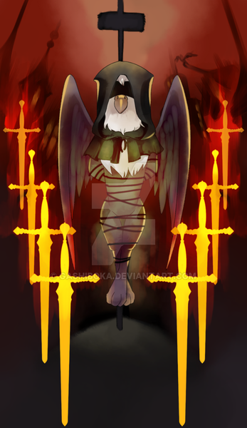 Size: 600x1036 | Tagged: semi-grimdark, artist:gashiboka, derpibooru import, gryphon, bondage, burning at the stake, everfree tarot, execution, fire, imminent death, minor arcana, no pony, solo, stake, sword, tarot, tarot card, unsexy bondage, weapon