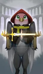 Size: 600x1036 | Tagged: safe, artist:gashiboka, derpibooru import, gryphon, everfree tarot, hat, minor arcana, sword, tarot, tarot card, watermark, weapon