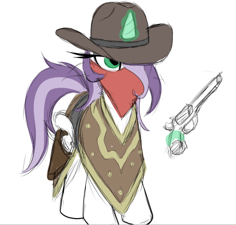 Size: 475x454 | Tagged: safe, artist:datte-before-dawn, derpibooru import, oc, oc:fortunata, unofficial characters only, pony, unicorn, fallout equestria, bandana, cowboy hat, female, glowing horn, gun, handgun, hat, holster, hooves, horn, levitation, magic, mare, revolver, serape, simple background, sketch, solo, telekinesis, weapon, white background