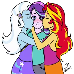 Size: 1538x1529 | Tagged: safe, artist:jonerico, derpibooru import, starlight glimmer, sunset shimmer, trixie, equestria girls, spoiler:eqg specials, beanie, blushing, clothes, eyes closed, female, hat, kissing, lesbian, lgbt, pants, shimmerglimmer, shipping, signature, simple background, skirt, startrix, startrixset, transparent background