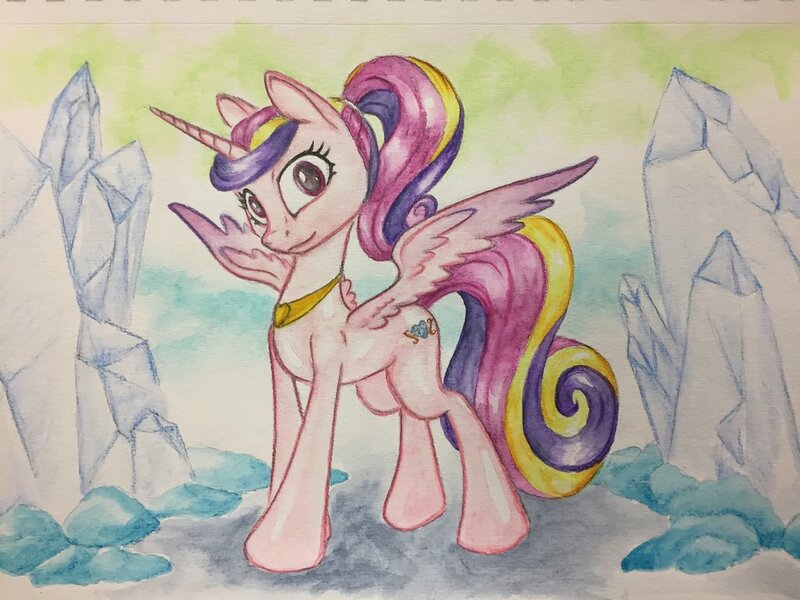 Size: 1024x768 | Tagged: safe, artist:grokostimpy, derpibooru import, princess cadance, alicorn, pony, female, looking at you, mare, mother, ponytail, smiling, solo, spread wings, traditional art, wings